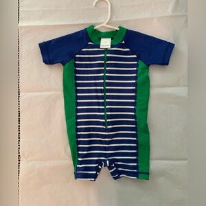 Hanna Andersson one piece boys swimsuit, blue stripes, green. Size 12-18 months